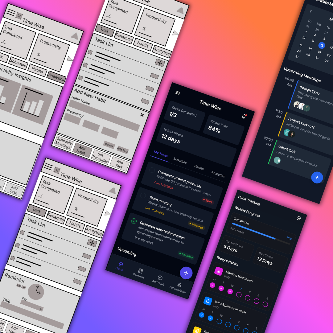 TimeWise Hi-Fi Dashboard showing tasks, productivity stats, and habit streaks